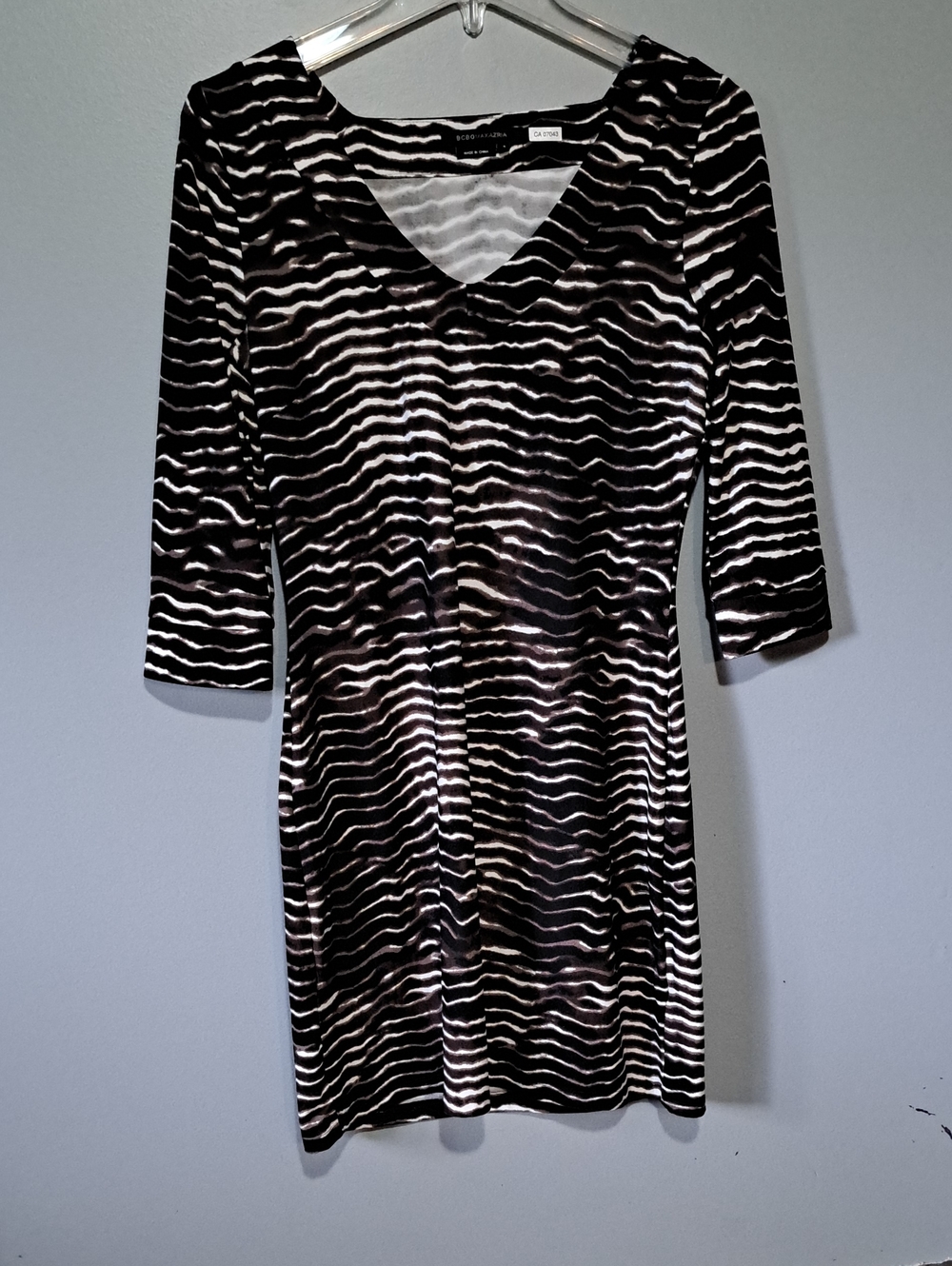 BCBGMaxAzria Black and White Wave-Print V-Neck Mini Dress